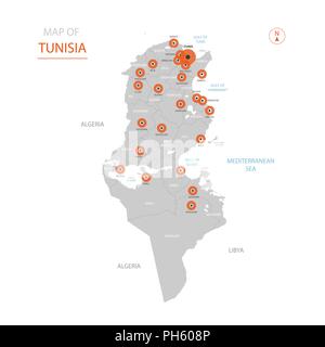 Stylized vector Tunisia map showing big cities, capital Tunis, administrative divisions. Stock Vector