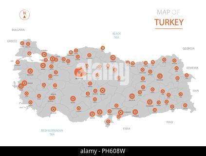 Stylized vector Turkey map showing big cities, capital Ankara, administrative divisions and country borders Stock Vector