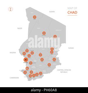 Stylized vector Chad map showing big cities, capital N'Djamena, administrative divisions. Stock Vector