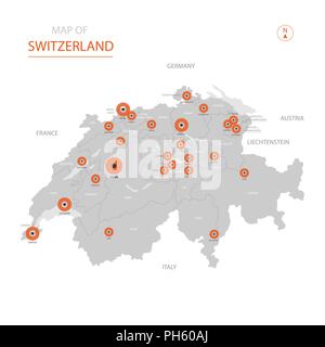 Stylized vector Switzerland map showing big cities, capital Bern, administrative divisions and country borders Stock Vector