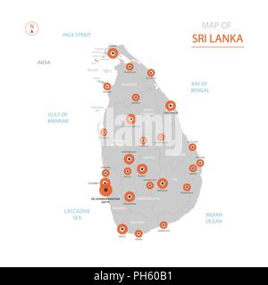 Stylized vector Sri Lanka map showing big cities, capital Sri Jayawardenepura Kotte, administrative divisions. Stock Vector