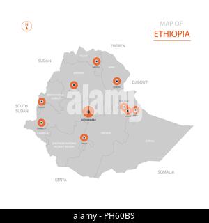 Stylized vector Ethiopia map showing big cities, capital Addis Ababa, administrative divisions. Stock Vector