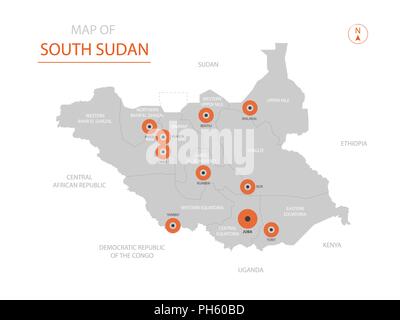 Stylized vector South Sudan map showing big cities, capital Juba, administrative divisions. Stock Vector