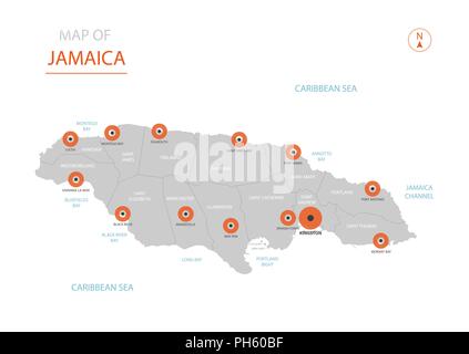 Stylized vector Jamaica map showing big cities, capital Kingston, administrative divisions. Stock Vector