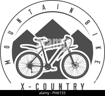 Mountain Bike, Cross-Country Emblem or Badge. Monochrome Vector Illustration. Cross-Country Bicycle Detailed Silhouette. Stock Vector