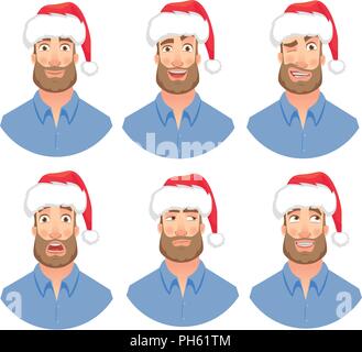 Businessman in Santa Claus hat. Man emotions set. Face of man with beard vector illustration Stock Vector