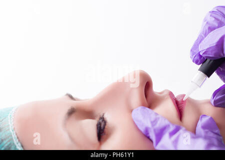 Cosmetologist applying permanent make up on woman lips in beauty studio with professional tool. Tattoo and micro pigmentation concept Stock Photo