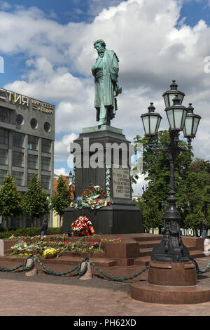 Monument to Russian poet Alexander Pushkin by Russian sculptor Alexander Opekushin (1880) in Pushkinskaya Square in Moscow, Russia. Stock Photo