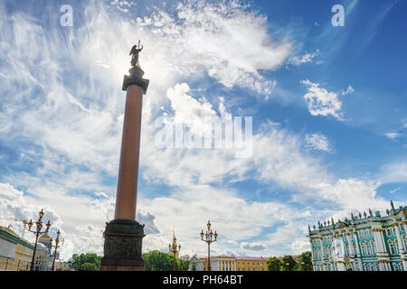 Wide angle hdr view in Palace square, Saint Petersburg, Russia with dramatic blue sky and sunlight Stock Photo