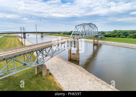 bridges across Chain of Rocks Canal of MIssissippi River above St Louis - aerial view Stock Photo