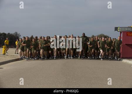 Recruits with Fox Company, 2nd Recruit Training Battalion, begin a three-mile run portion of a physical fitness test at Marine Corps Recruit Depot San Diego, June 25. In this final portion of the test recruits must run three miles. Annually, more than 17,000 males recruited from the Western Recruiting Region are trained at MCRD San Diego. Fox Company is scheduled to graduate Aug. 10. Stock Photo