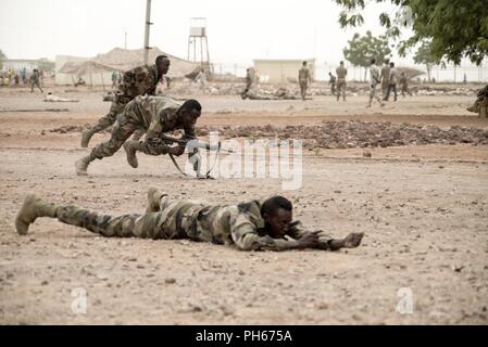 Members of the Rapid Intervention Battalion, a Djiboutian army crisis response unit, learn bounding techniques at a site outside Djibouti City, June 25, 2018. Members of the RIB go through a five week course covering combatives, weapons, and combat lifesaving skills.