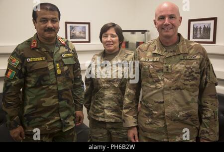 KANDAHAR, Afghanistan (June 30, 2018) -- Afghanistan National Army Corp Maj. Gen. Emamnazar Bahbud, left, U.S Army Maj. Gen Robin Fontes, center, Combined Security Transition Command - Afghan and Maj. Gen Frank Tate, right, Operation Resolute Support Adviser, pose for a photo after conducting a meeting in Kandahar, Afghanistan, June 30, 2018. ( U.S. Army Stock Photo