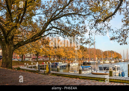 Enkhuizen, The Netherlands, October 26, 2015: View of the Buitenhaven (Outer Harbour) lined with large trees in autumn colors Stock Photo
