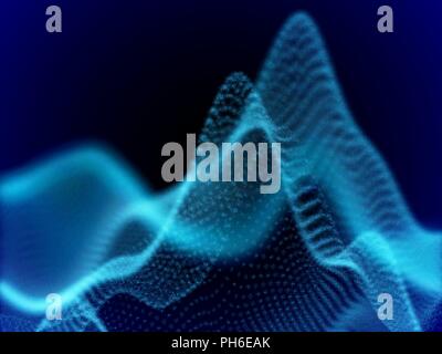 Digital landscape with flowing dots. 3D particle sound waves. Stock Vector