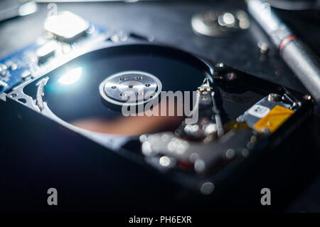 Hard disk shot in netherlands tilt. Concept: Information, repairing Stock Photo
