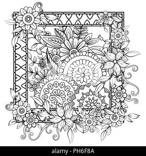 Adult Coloring Page With Flowers Pattern Black And White Doodle Wreath Floral Mandala