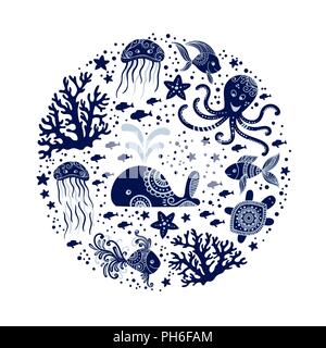 Cartoon sea animals in circle shape. Cute underwater creatures: whale, octopus, jellyfish, starfish and turtles. Perfect for greeting cards, prints and children designs. Vector nautical design. Stock Vector