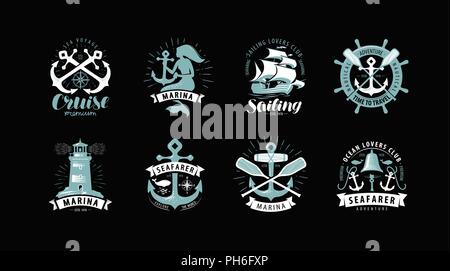 Nautical theme, set of logos or labels. Cruise, marine concept, vector Stock Vector