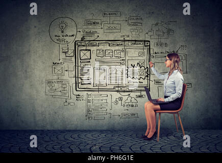 Business woman using laptop drawing new startup internet web site project on a wall Stock Photo