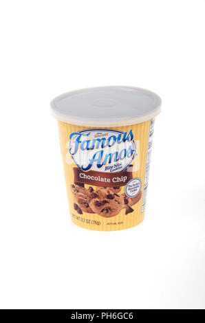 Container of Famous Amos Chocolate Chip Cookies by Kelloggs on white background Stock Photo
