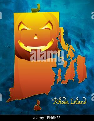 Rhode Island state map USA with halloween pumpkin face illustration Stock Photo