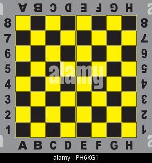 Chess table yellow black board for competition original design with field coordinates black on gray background Stock Vector