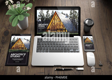 3d rendering of devices on wooden floor showing architect studio responsive website Stock Photo