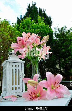 pink lily garden Early Spring shabby chic Stock Photo - Alamy