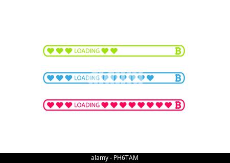 Bitcoin sign icons in rounded color menu buttons and loading bar with hearts Stock Vector