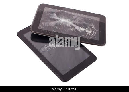 Tablet computer with broken screen. Cracked tablet - glasbruch. Stock Photo