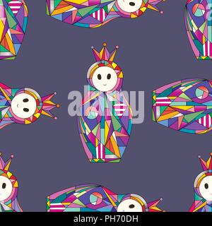 Matryoshka girl hand drawn vector pattern. Nesting doll with crown background in modern style. Stock Vector
