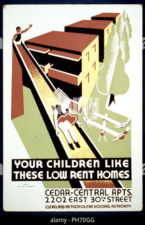 Poster for Cleveland Metropolitan Housing Authority promoting low income housing development, showing children playing on playground Stock Photo