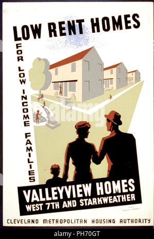 Poster for Cleveland Metropolitan Housing Authority announcing new low income housing development, showing family looking at new homes Stock Photo