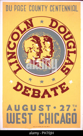 Poster for a reenactment of the Lincoln-Douglas debate to be held at the DuPage County Centennial, showing bust portraits of Abraham Lincoln and Stephen Douglas. Stock Photo