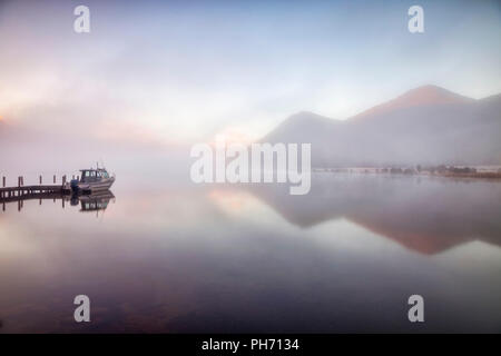 A foggy morning at Lake Rotoroa, Nelson Lakes National Park, New Zealand. Stock Photo