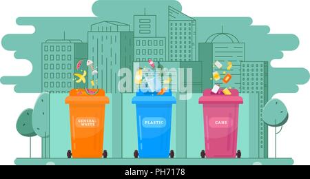 Ecologic concept - trash sorting into the multic-colored containers Stock Vector