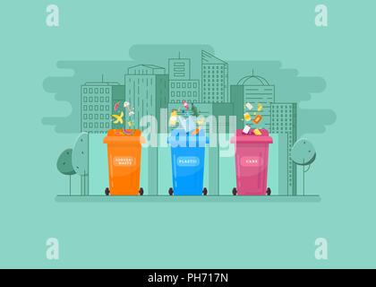 Ecologic concept - trash sorting into the multic-colored containers Stock Vector