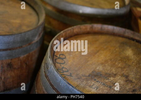 Close up Lying Vintage Wooden Barrel Stock Photo
