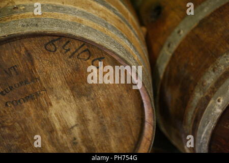 Close up Lying Vintage Wooden Barrel Stock Photo