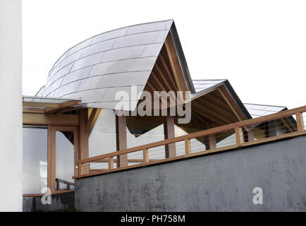 Detail of the roof of the Maggies Cancer Care Centre in the grounds of the Ninewells hospital Dundee, Scotland. It was built to provide a place to go for women who have been diagnosed with cancer and seek help, information and an escape from the world outside. It was designed by the American architect; Frank Gehry. Stock Photo