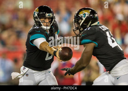Tampa, Florida, USA. 30th Aug, 2018. Jacksonville Jaguars quarterback CODY KESSLER (6) hands the ball off to running back TIM COOK (41) during the game against the Tampa Bay Buccaneers at Raymond James Stadium. Credit: Travis Pendergrass/ZUMA Wire/Alamy Live News Stock Photo