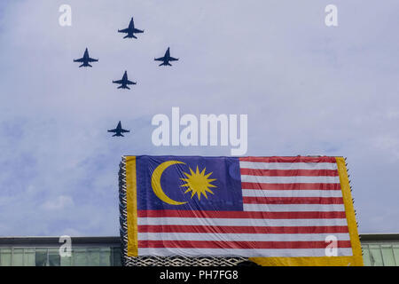 Putrajaya, Kuala Lumpur, Malaysia. 29th Aug, 2018. The Royal Malaysian Air Force performance by the Hawk jet's seen at the 61st Malaysia anniversary of independence day at Dataran Putrajaya.Malaysians celebrated 61st anniversary of the nation's independence day on every 31st August. The Prime Minister of Malaysia, Dr. Mahathir Mohamad had chosen Putrajaya the nation's administrative capital as a venue for the celebration. This year's slogan will be ''˜Sayangi MalaysiaKu' which means ''˜Love My Malaysiaâ Credit: Faris Hadziq/SOPA Images/ZUMA Wire/Alamy Live News Stock Photo
