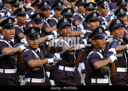 Putrajaya, Kuala Lumpur, Malaysia. 29th Aug, 2018. The Royal Malaysia Police seen taking part in full rehearsal ceremony at the 61st Malaysia anniversary of independence day at Dataran Putrajaya.Malaysians celebrated 61st anniversary of the nation's independence day on every 31st August. The Prime Minister of Malaysia, Dr. Mahathir Mohamad had chosen Putrajaya the nation's administrative capital as a venue for the celebration. This year's slogan will be ''˜Sayangi MalaysiaKu' which means ''˜Love My Malaysiaâ Credit: Faris Hadziq/SOPA Images/ZUMA Wire/Alamy Live News Stock Photo