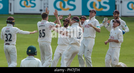 London, UK. 31 August 2018. Morne Morkel celebrates getting the wicket of Billy Root bowling for Surrey against Nottinghamshire on day three of the Specsavers County Championship game at the Oval. David Rowe/Alamy Live News Stock Photo