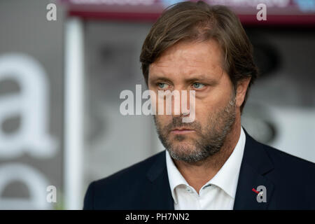 Burnley, UK. 30th August 2018. Olympiacos coach Pedro Martins  30th August 2018, Turf Moor, Burnley, England; UEFA Europa League, Play off leg 2 of 2, Burnley v Olympiacos FC Credit: Terry Donnelly/Alamy Live News Stock Photo