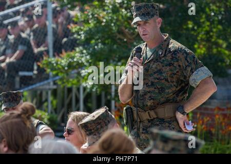 U.S. Marine Corps Lt. Col. John S. Sattely, off-going 2nd Transportation Support Battalion commanding officer, speaks during a change of command ceremony on Camp Lejeune, N.C., June 28, 2018. During the ceremony, Lt. Col. John S. Sattely relinquished command of 2nd TSB to Lt. Col. Jonathan T. Baker. Stock Photo