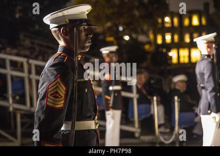 Master Sgt. Selwyn Reid, a member of the parade marching staff with the Marine Barracks Washington D.C., stands at attention during a Friday Evening Parade at the Barracks, June 29, 2018. The guest of honor for the ceremony was the Under Secretary of the Navy, Thomas B. Modly, and the hosting official was the Assistant Commandant of the Marine Corps, Gen. Glenn M. Walters. Stock Photo
