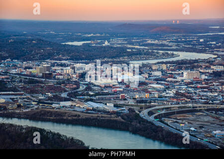 Drone Aerial of Downtown Chattanooga Tennessee TN skyline from Point Park and Lookout Mountain. Stock Photo