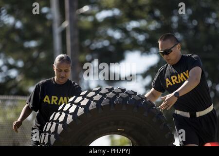 Sgt. Nathlalie Figueroa, of the 812th Military Police Company, and 1st Lt. Jinho Park, of the 333rd MP Brigade, use teamwork doing the tire flip during an obstacle course during a Fit Camp hosted at Joint Base McGuire-Dix-Lakehurst, New Jersey, June 15, 2018. U.S. Army Reserve Soldiers from the 333rd MP Brigade had the opportunity to attend the Fit Camp, which lasted June 2-16, 2018, hosted by the 336th MP Battalion. The battalion provided the Soldiers with training, coaching and mentorship for the duration of the Fit Camp with the goal of improving their physical fitness and educating them on Stock Photo